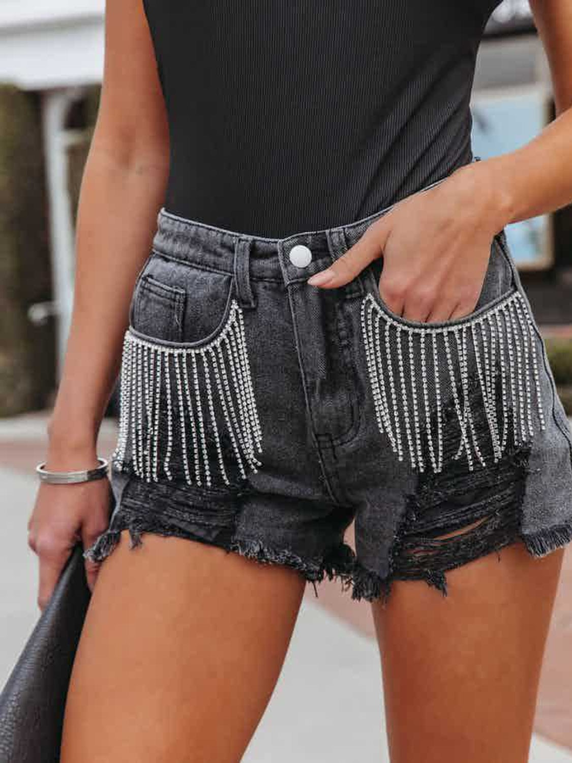 Distressed Fringe Denim Shorts with Pockets - House of Binx