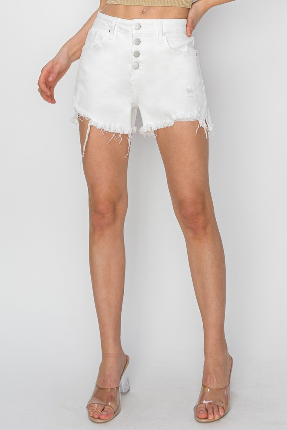RISEN Button Fly Frayed Hem Denim Shorts - House of Binx