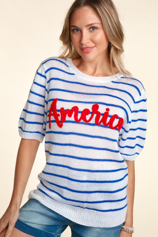 Haptics Letter Embroidery Striped Knit Top - House of Binx