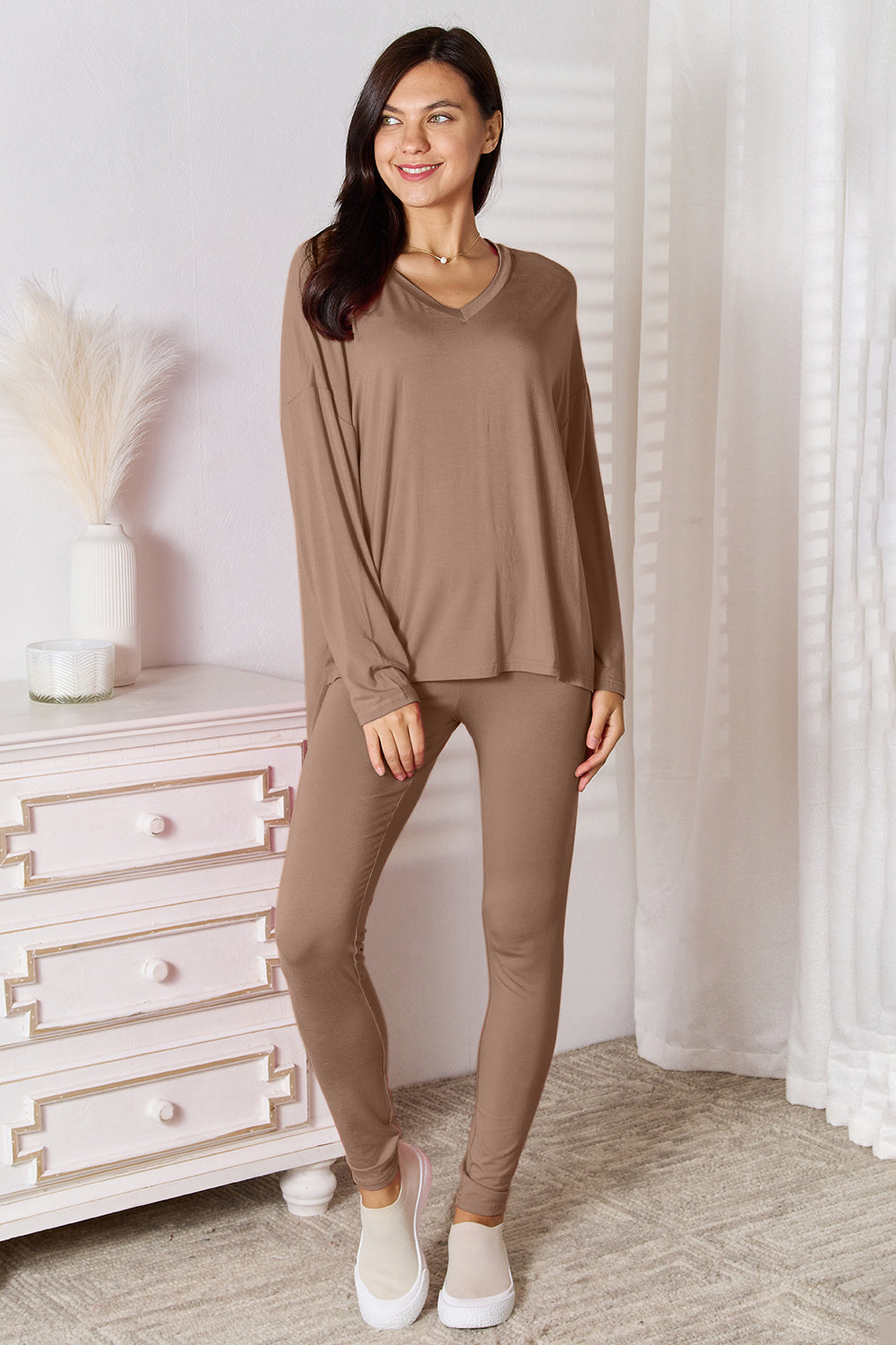 Basic Bae Full Size V-Neck Soft Rayon Long Sleeve Top and Pants Lounge Set - House of Binx