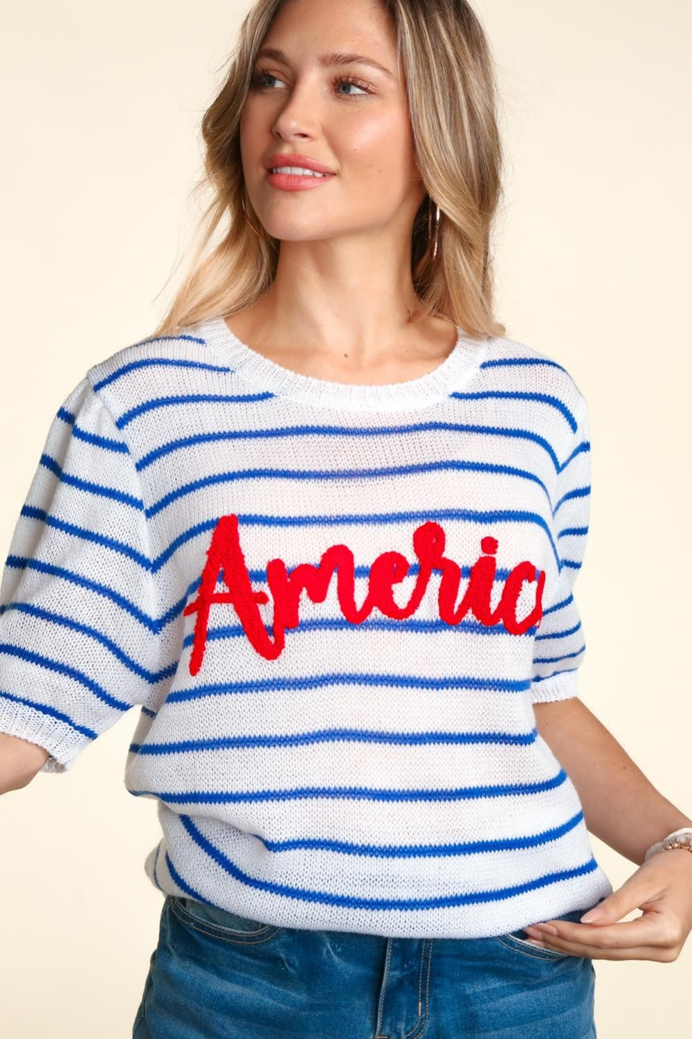 Haptics Letter Embroidery Striped Knit Top - House of Binx