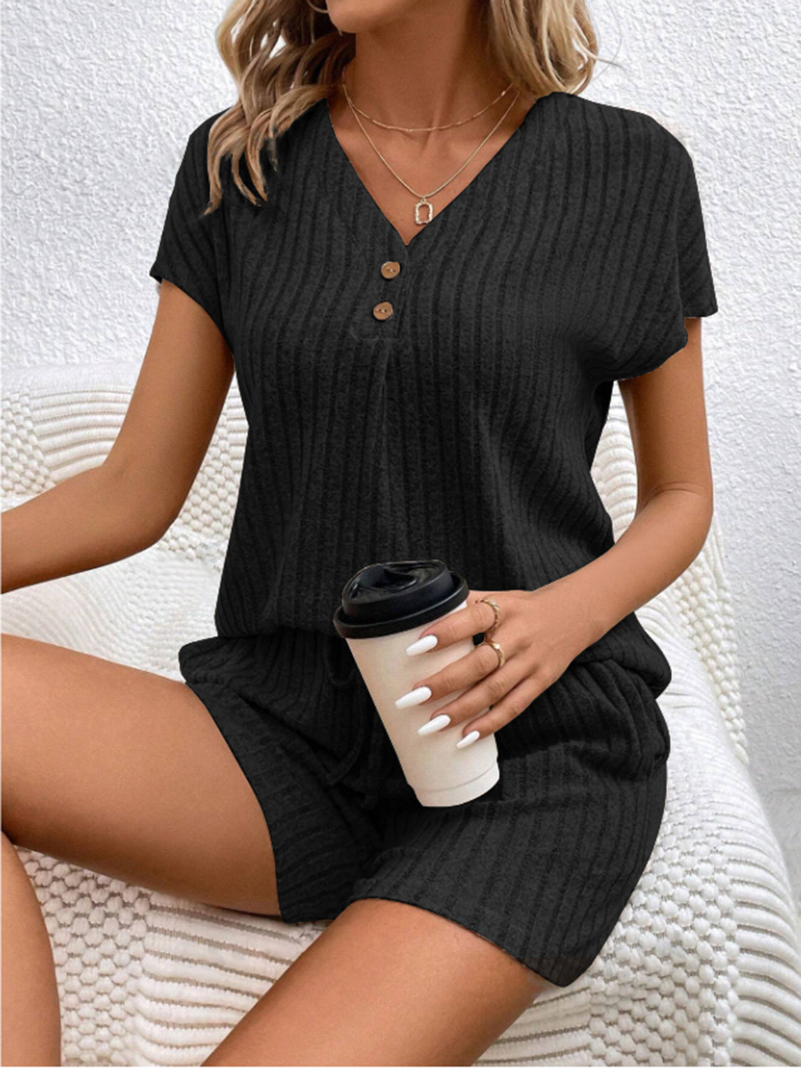 Ribbed V-Neck Top and Shorts Set - House of Binx