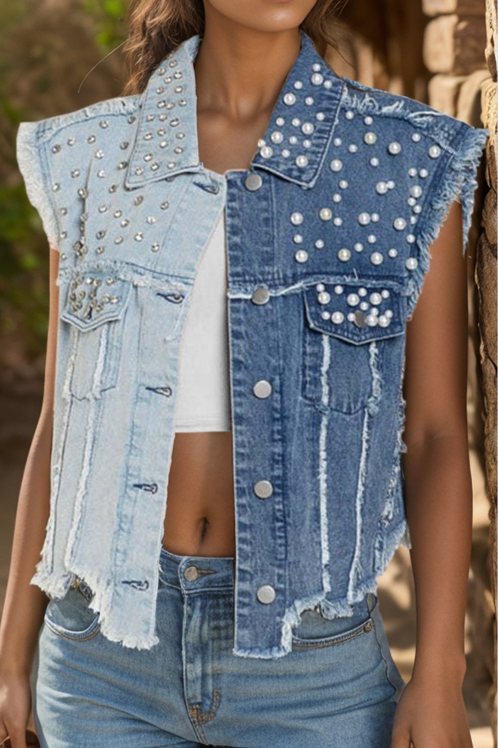 Pearl Raw Hem Sleeveless Denim Jacket - House of Binx