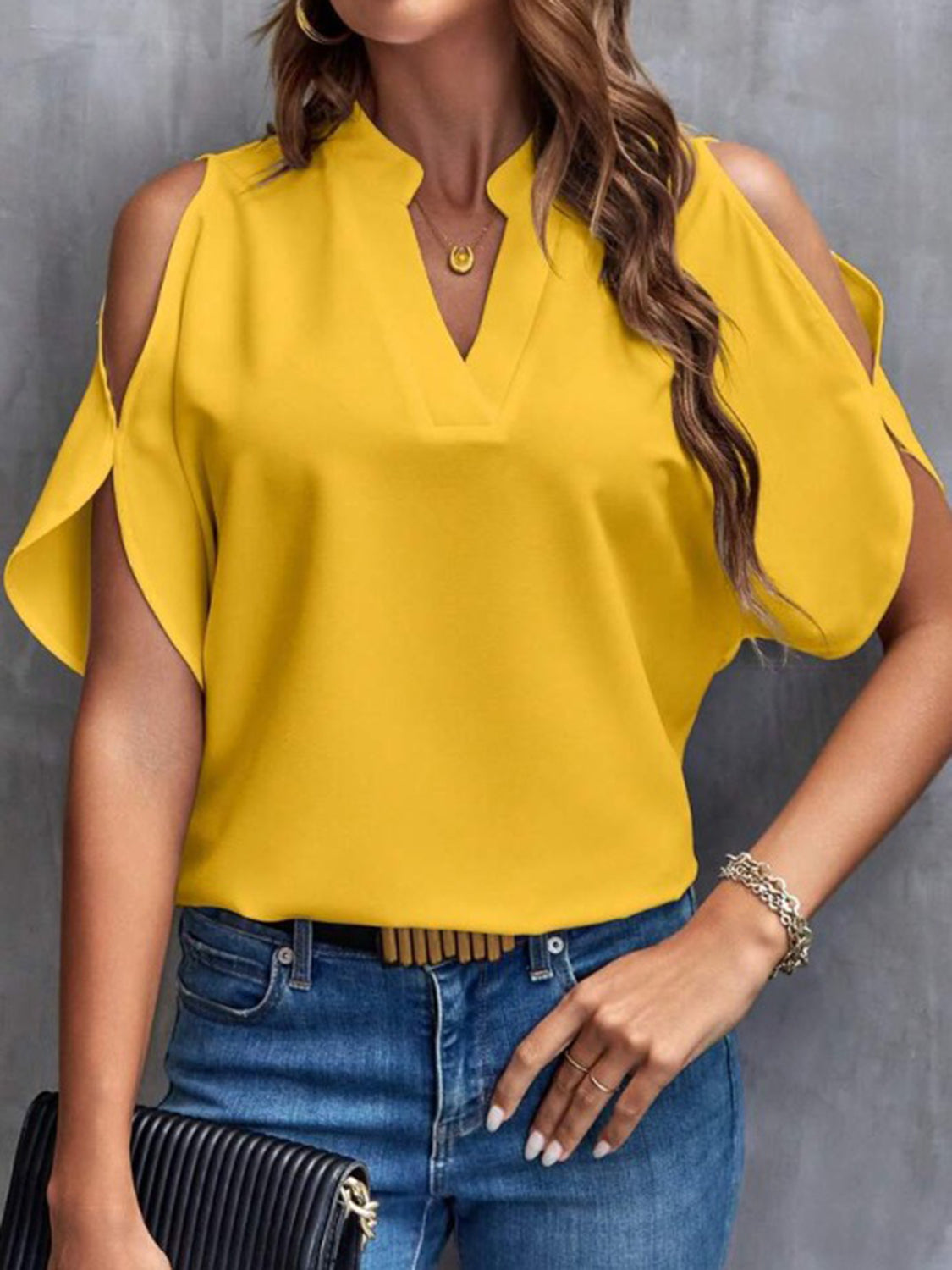 Notched Cold Shoulder Half Sleeve Blouse - House of Binx