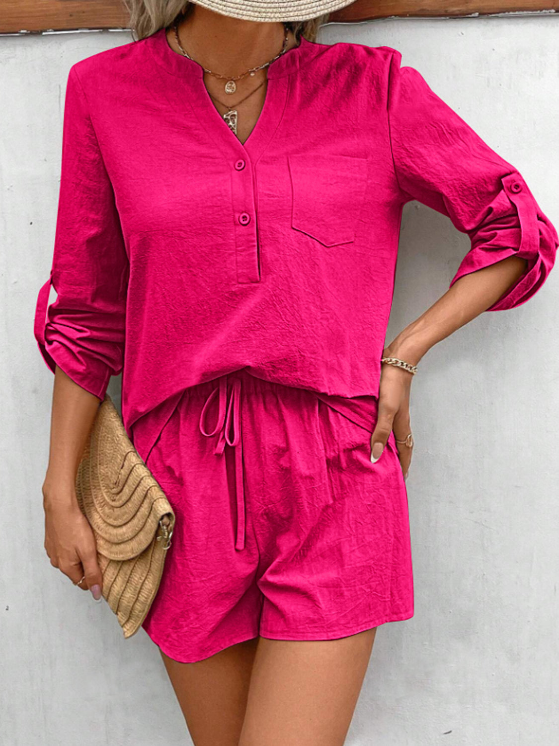 Notched Long Sleeve Top and Shorts Set - House of Binx