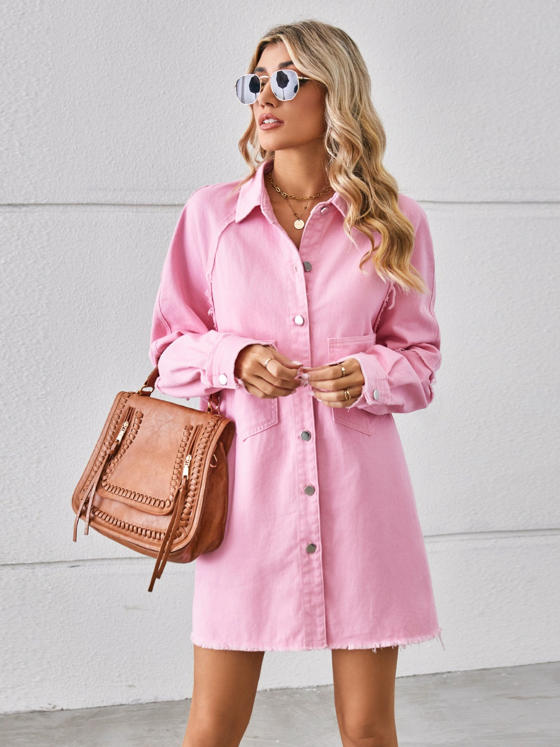 Raw Hem Button Up Denim Dress - House of Binx