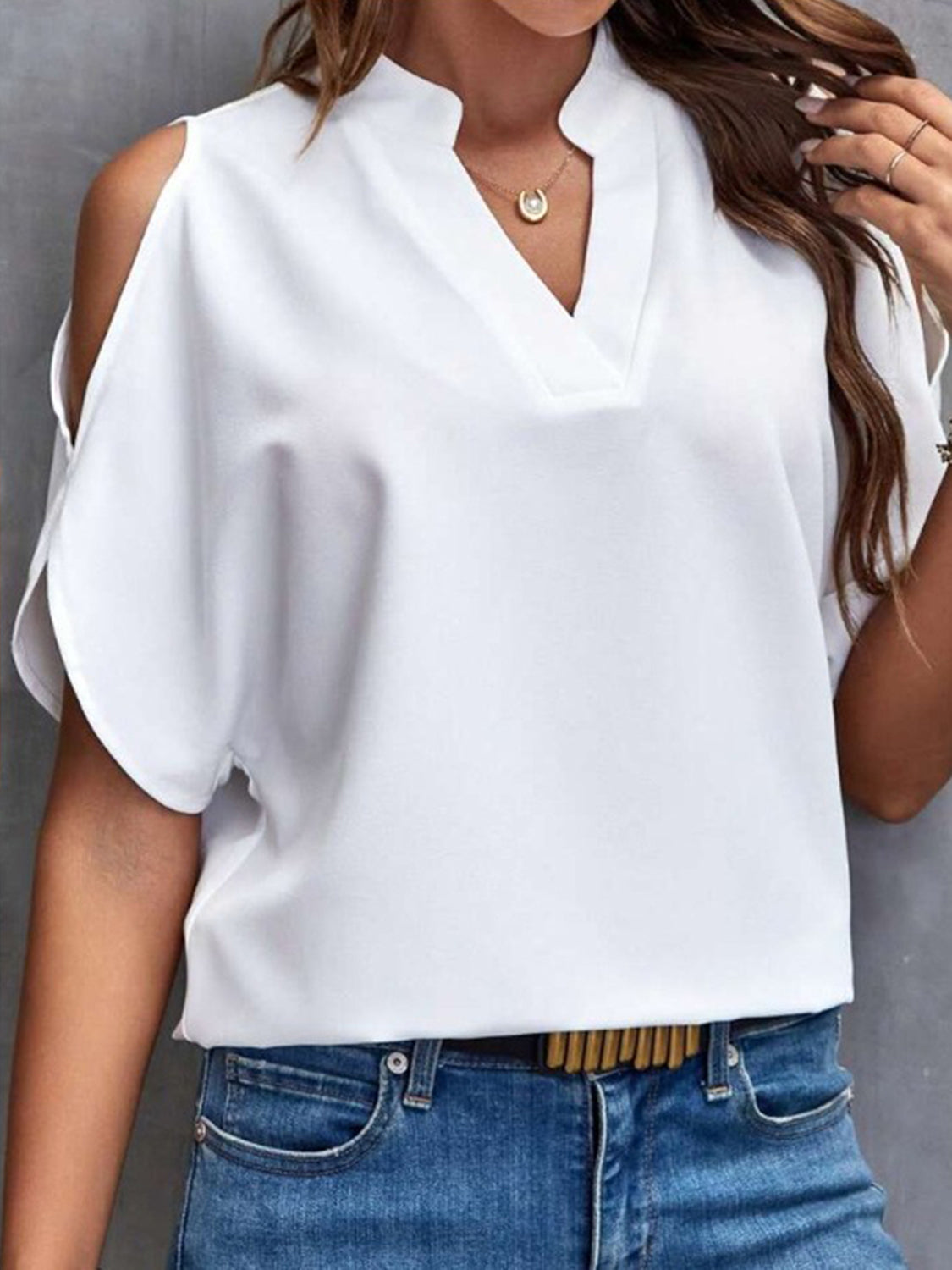 Notched Cold Shoulder Half Sleeve Blouse - House of Binx