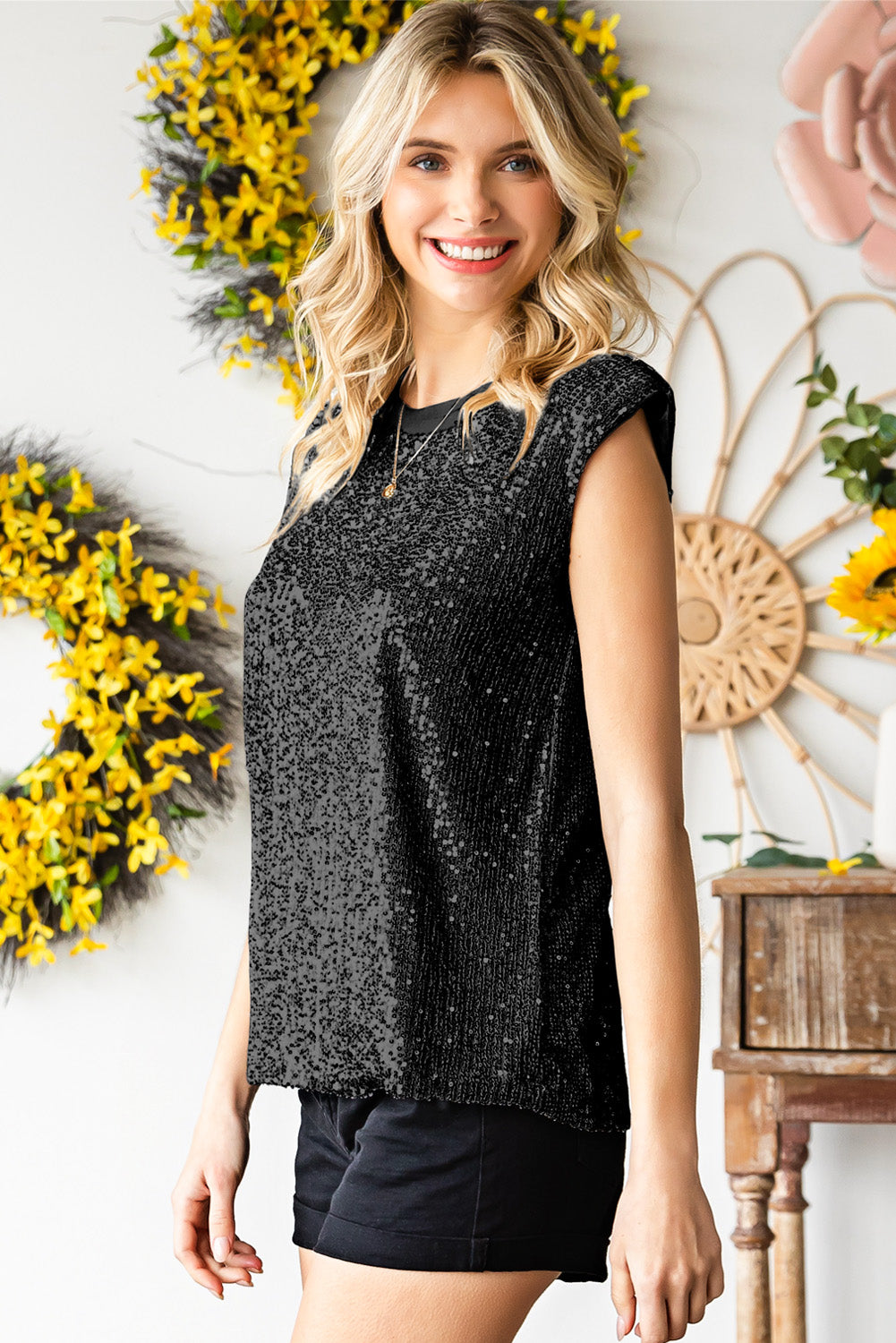 Sequin Round Neck Capped Sleeve Tank - House of Binx