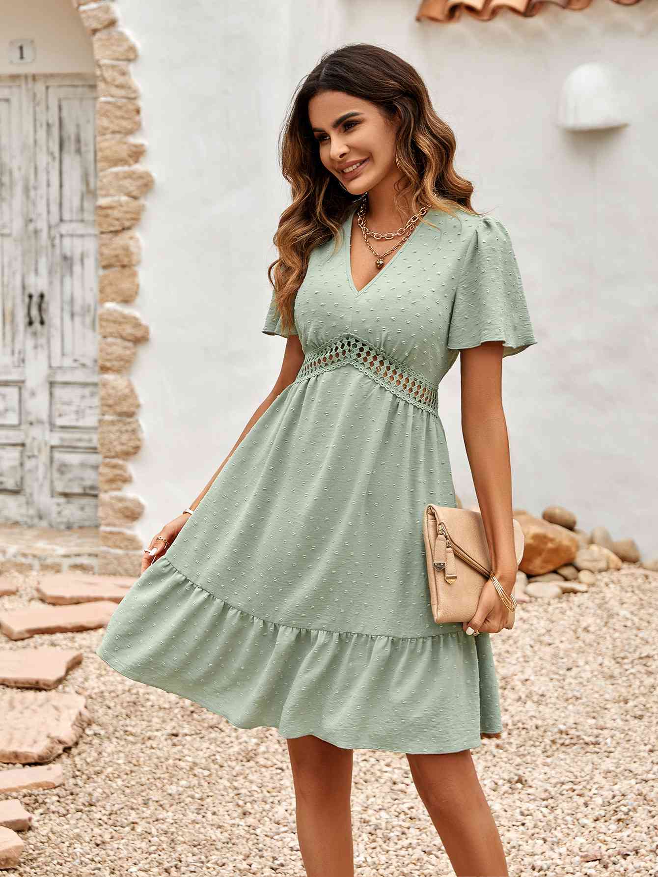 Swiss Dot V-Neck Openwork Puff Sleeve Dress - House of Binx