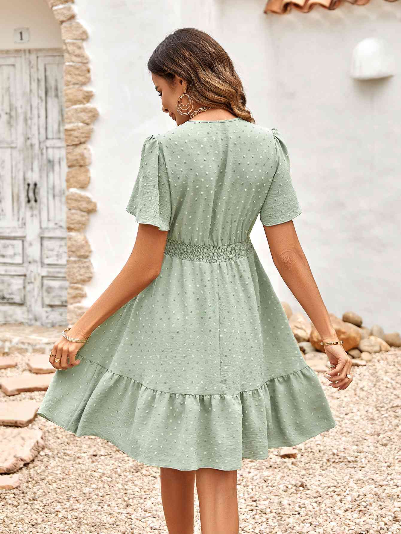 Swiss Dot V-Neck Openwork Puff Sleeve Dress - House of Binx