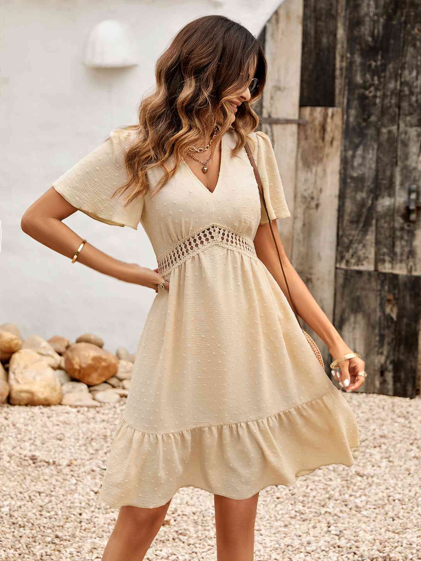 Swiss Dot V-Neck Openwork Puff Sleeve Dress - House of Binx