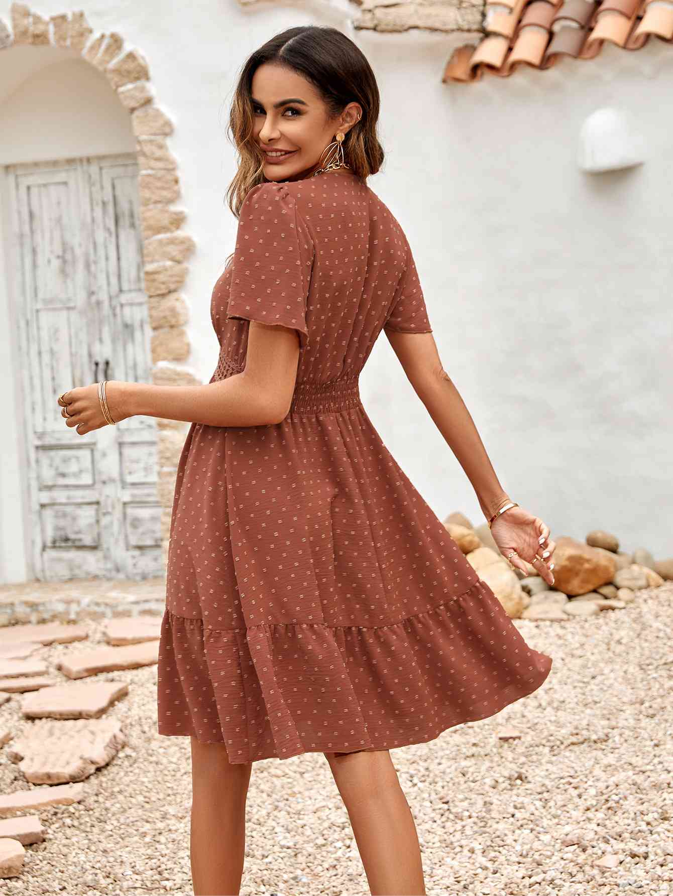 Swiss Dot V-Neck Openwork Puff Sleeve Dress - House of Binx