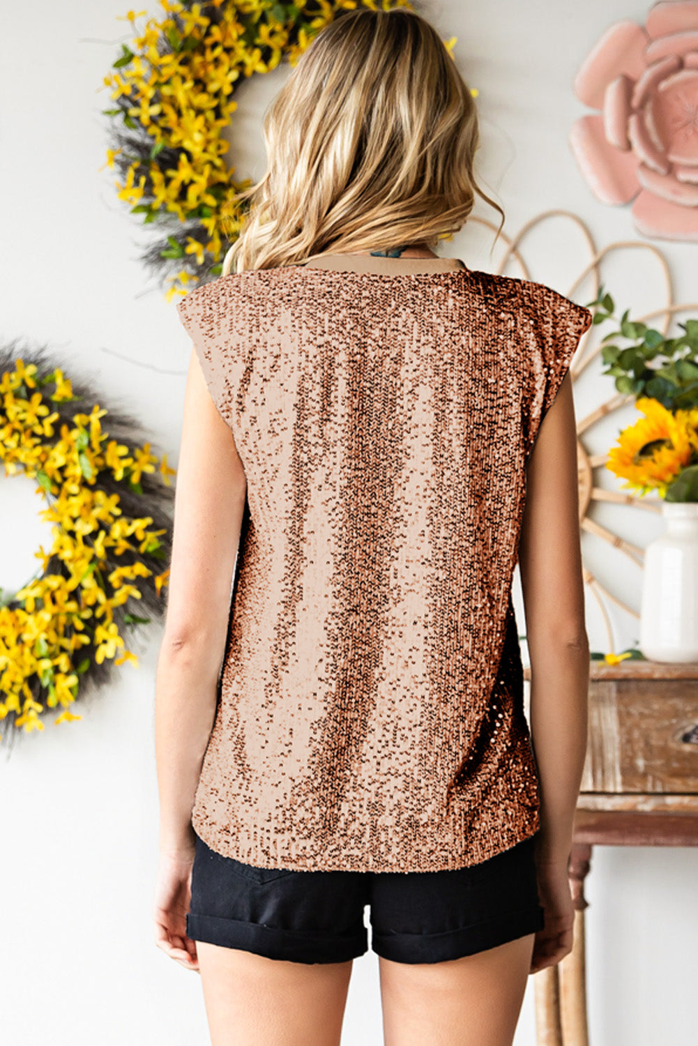 Sequin Round Neck Capped Sleeve Tank - House of Binx