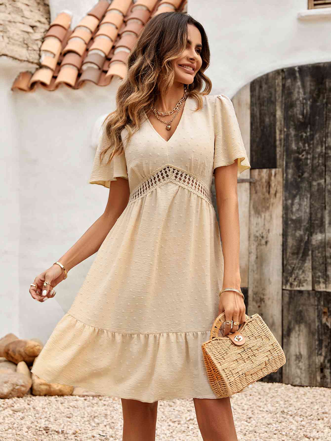 Swiss Dot V-Neck Openwork Puff Sleeve Dress - House of Binx