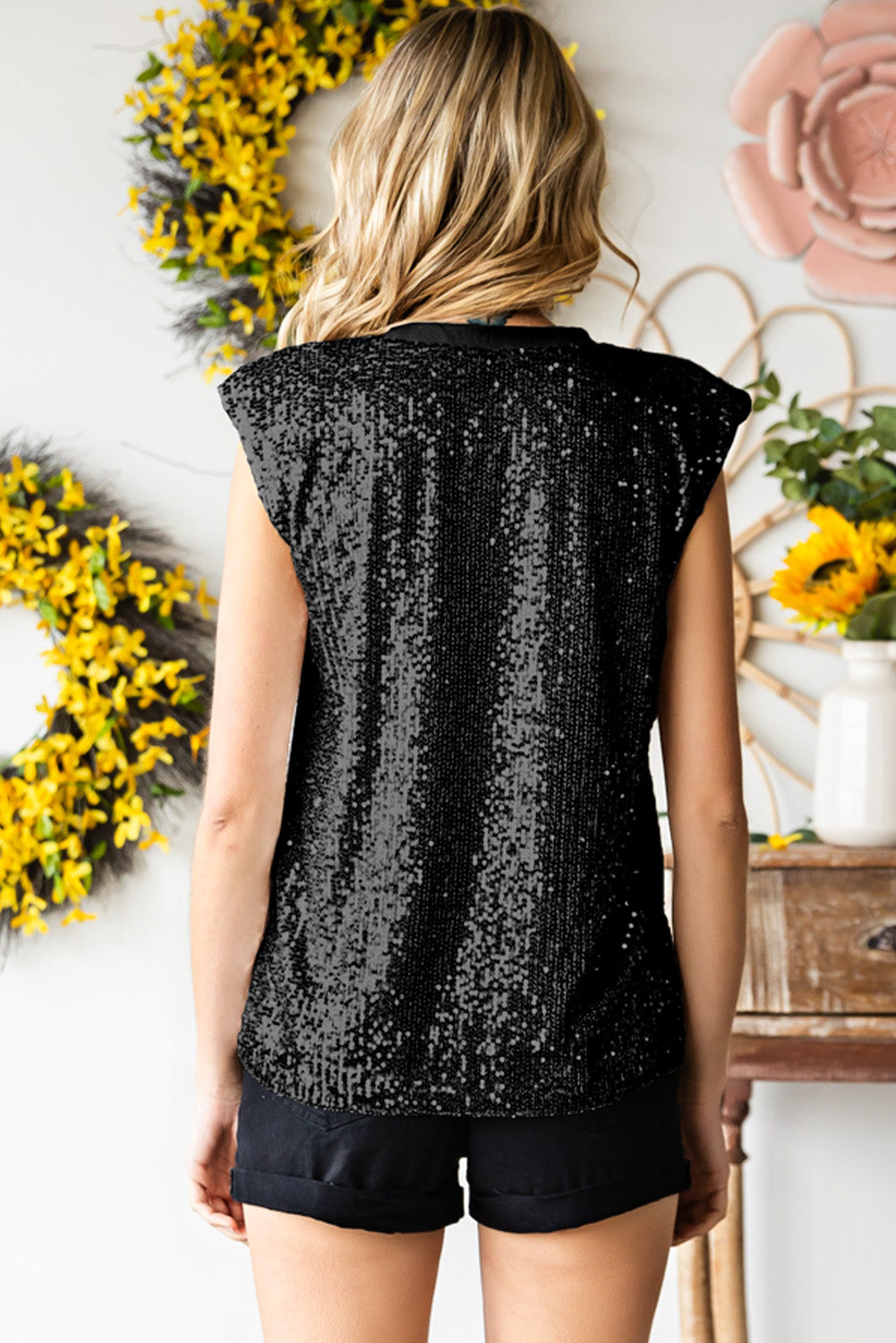 Sequin Round Neck Capped Sleeve Tank - House of Binx