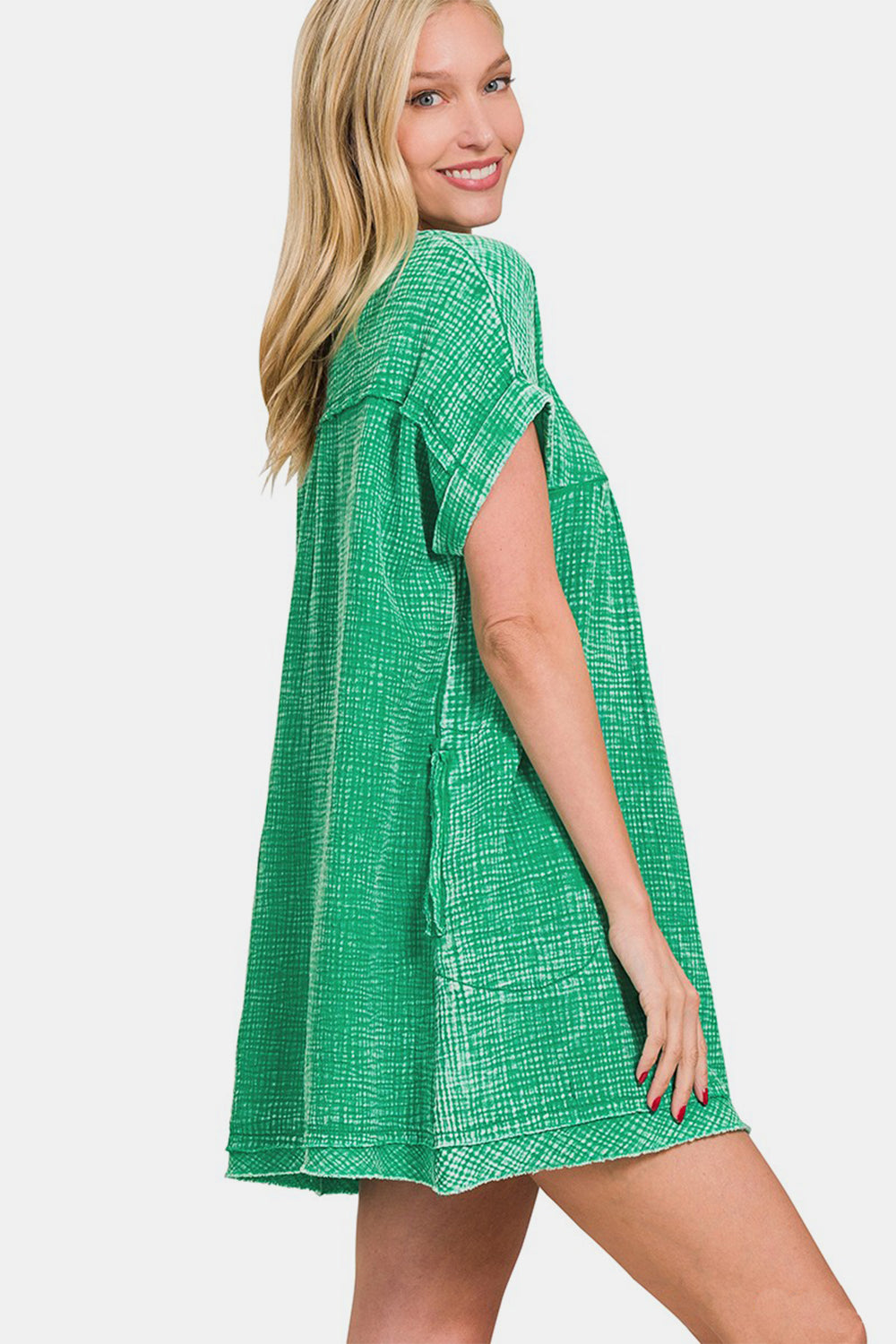 Zenana Washed Notched Short Sleeve Mini Dress - House of Binx