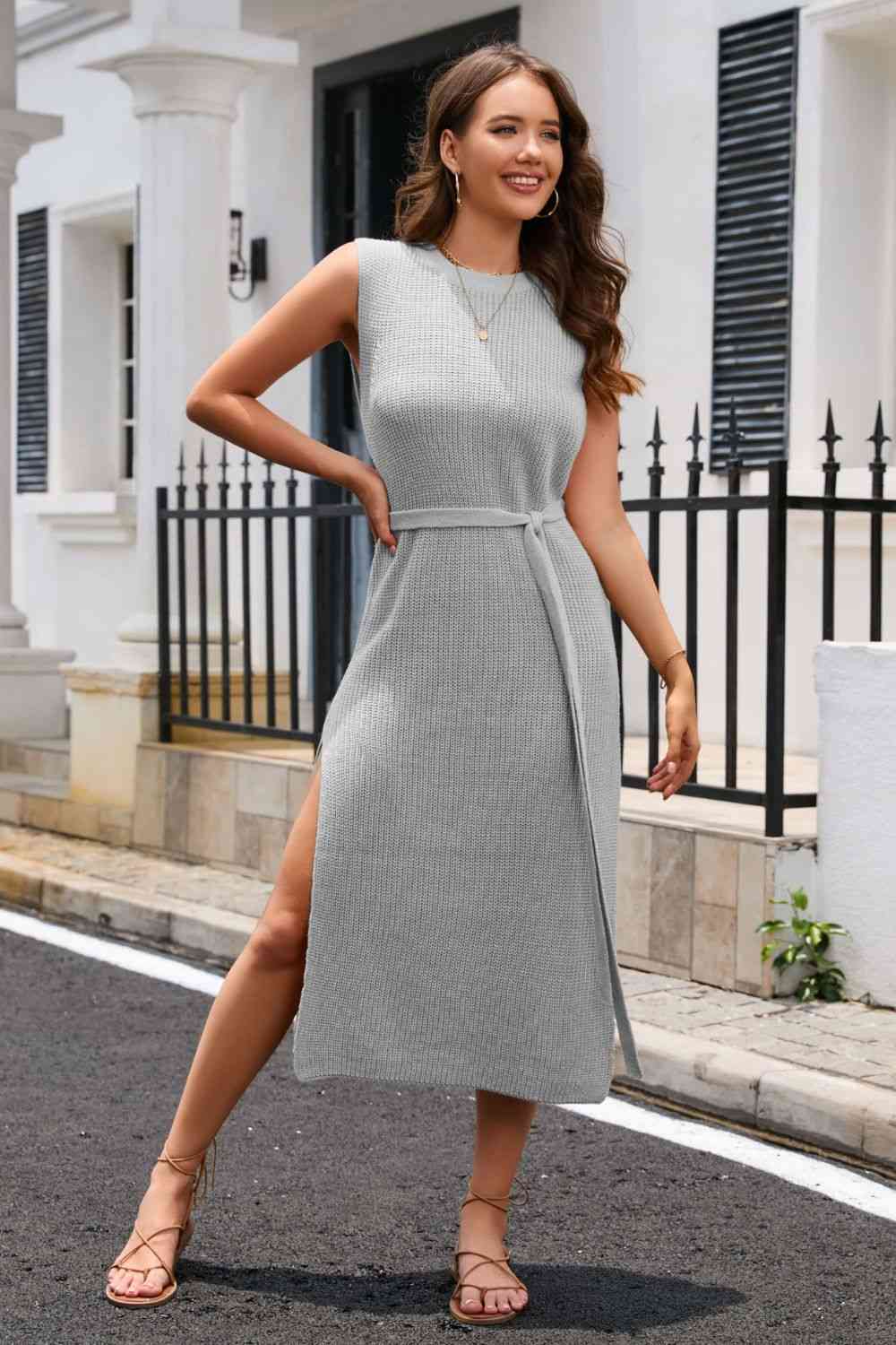 Round Neck Tie Belt Slit Sleeveless Sweater Dress - House of Binx