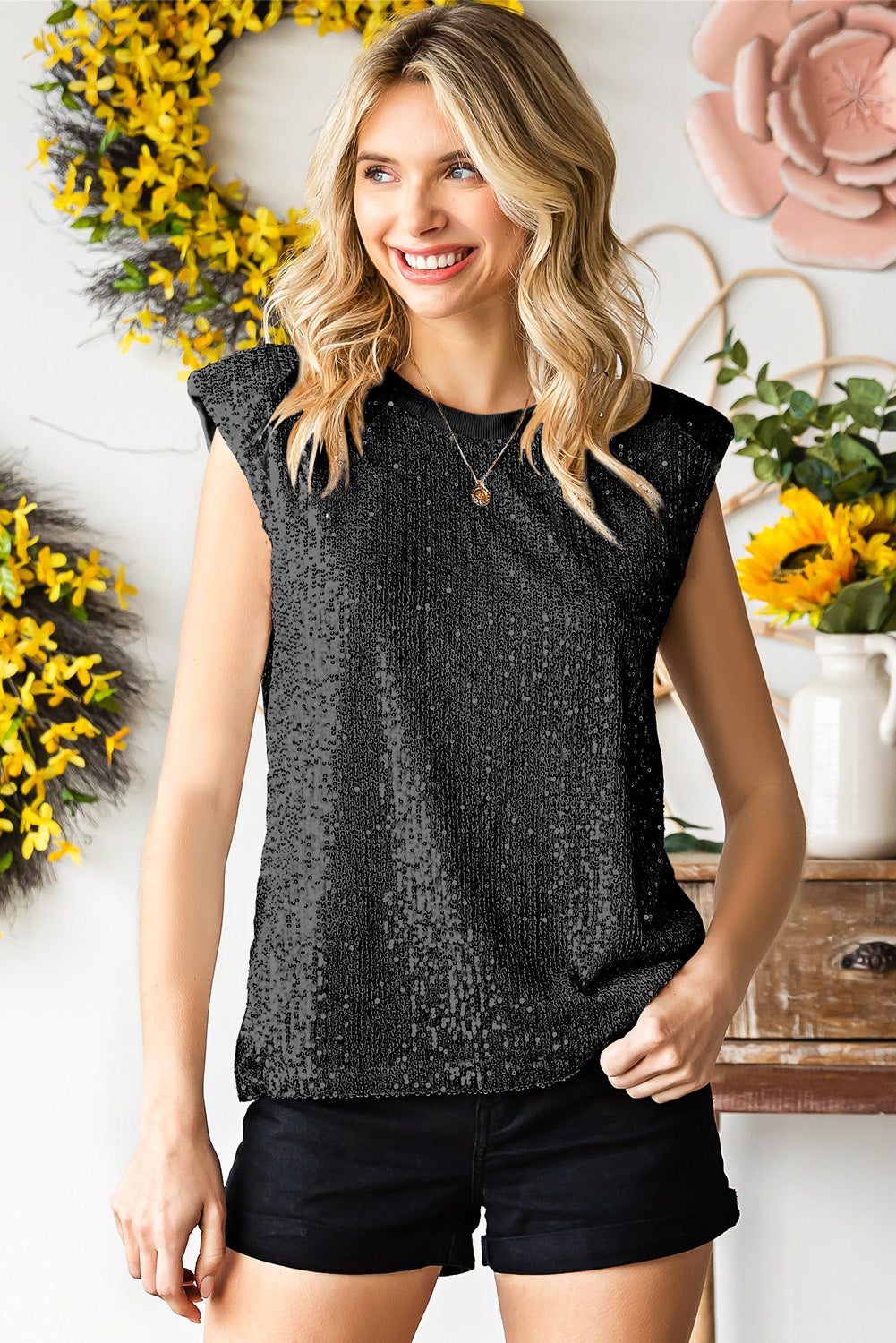 Sequin Round Neck Capped Sleeve Tank - House of Binx