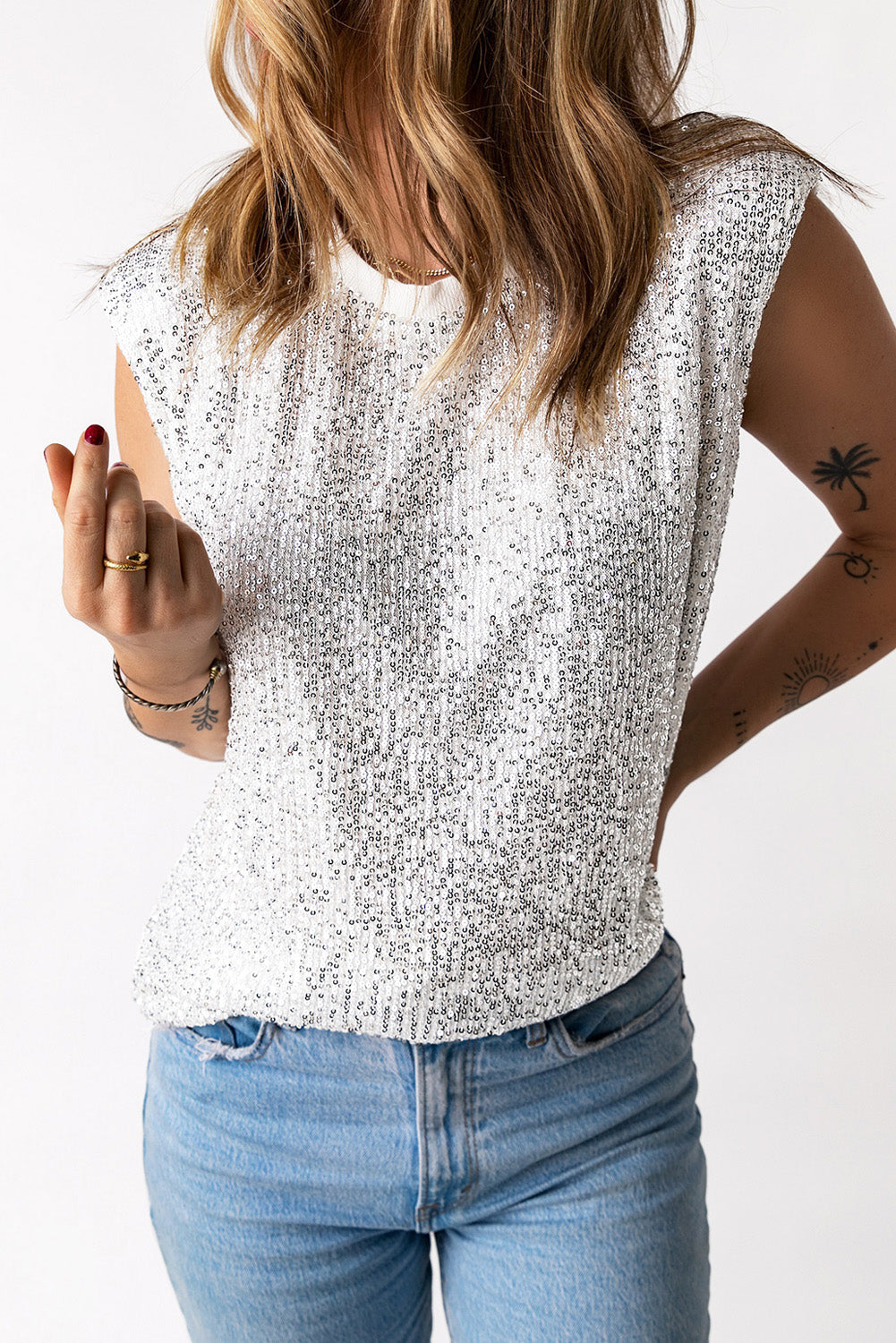 Sequin Round Neck Capped Sleeve Tank - House of Binx