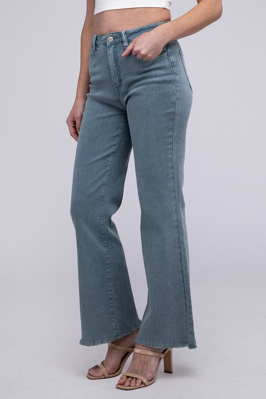 Acid Washed Frayed Cutoff Hem Straight Wide Pants - House of Binx 