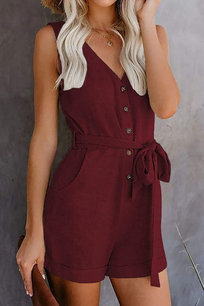 Full Size Tied V-Neck Sleeveless Romper with Pockets - House of Binx 