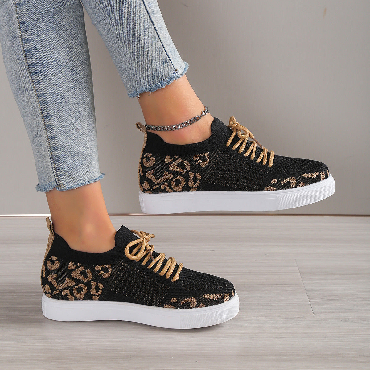 Lace-Up Leopard Flat Sneakers - House of Binx 