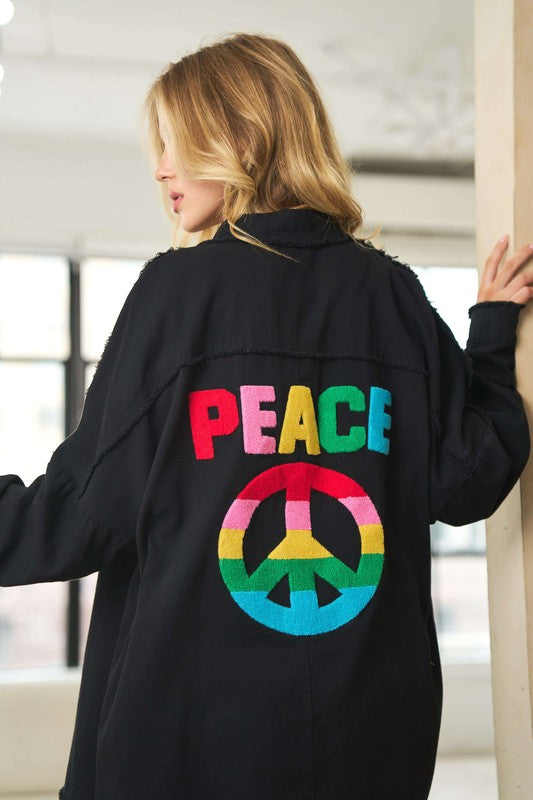 Multi Color Lettering Peace Symbol Button Up Shirt - House of Binx 