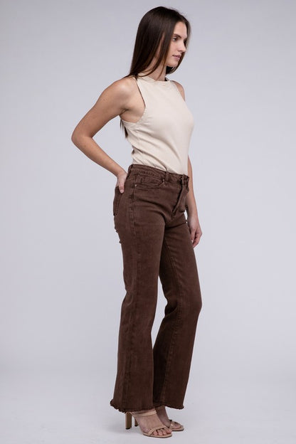 Acid Washed Frayed Cutoff Hem Straight Wide Pants - House of Binx 