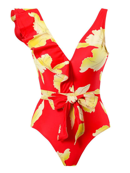 Tied Printed V-Neck Sleeveless One-Piece Swimwear - House of Binx 