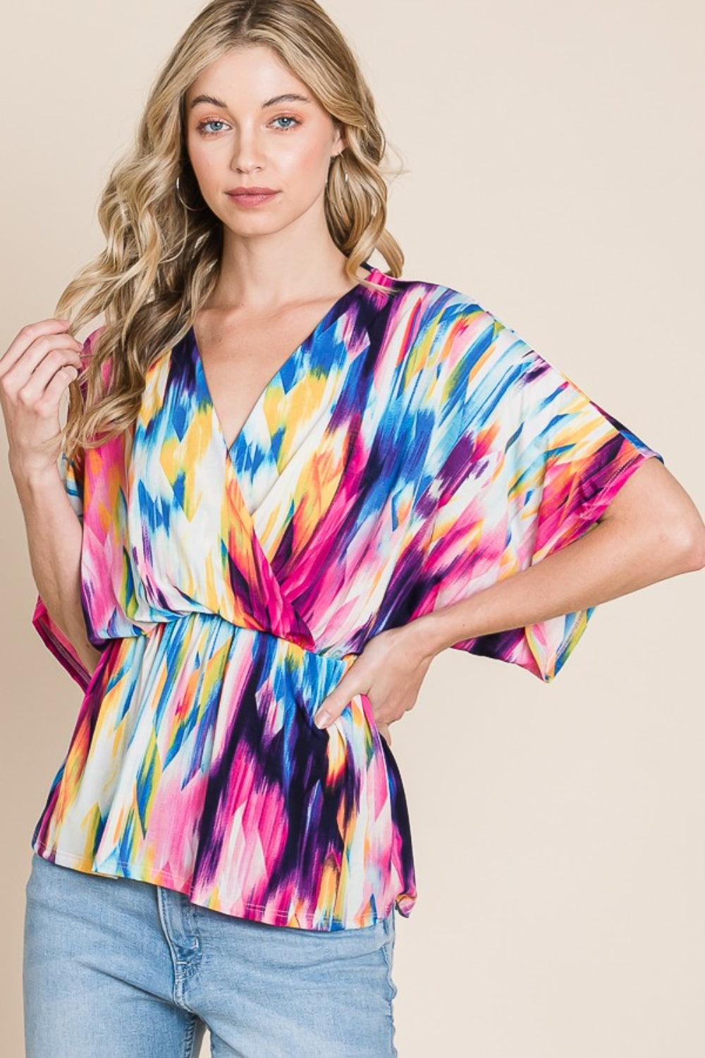 BOMBOM Printed Surplice Peplum Blouse - House of Binx 