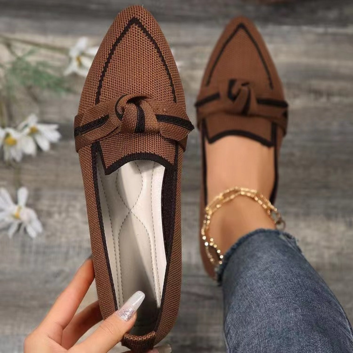 Bow Contrast Trim Point Toe Loafers - House of Binx 