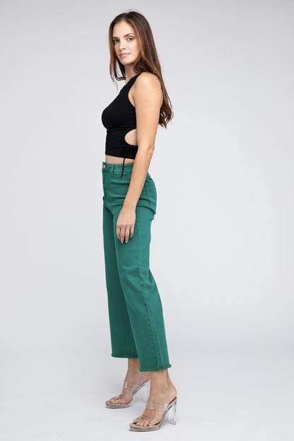 Acid Wash Frayed Cutoff Hem Straight Wide Pants - House of Binx 