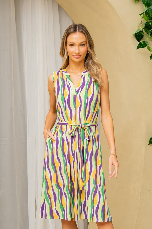 Sew In Love Full Size Stripe Tied Sleeveless Dress with Side Pockets - House of Binx 