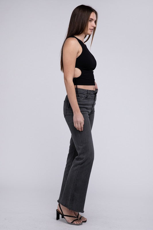 Acid Washed Frayed Cutoff Hem Straight Wide Pants - House of Binx 