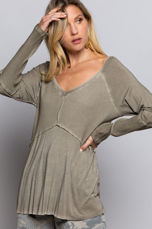 Light Wash Rib Textured Long Sleeve Top - House of Binx 