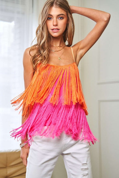 Fringe Overlay Cross Straps Party Cami Top