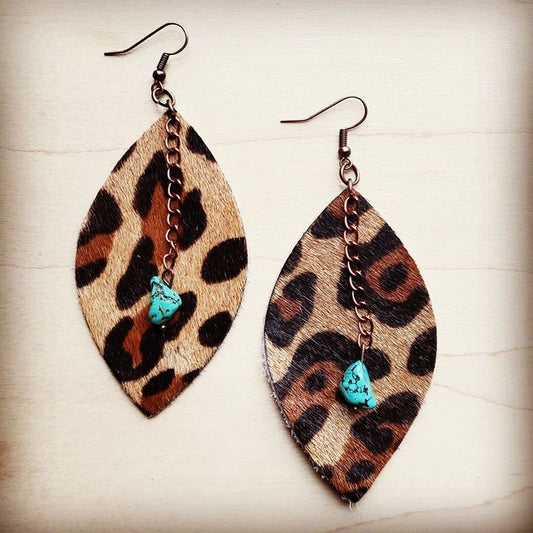 Leather Oval Earrings Leopard w/ Turquoise Drops - House of Binx 