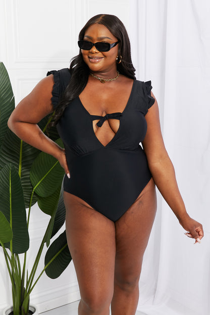 Marina West Swim Seashell Ruffle Sleeve One-Piece in Black - House of Binx 