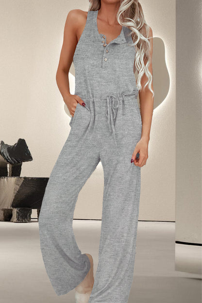 Drawstring Quarter Button Wide Strap Jumpsuit - House of Binx 