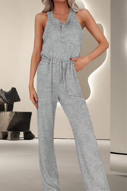 Drawstring Quarter Button Wide Strap Jumpsuit - House of Binx 