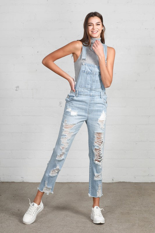 High Waist Heavy Distressed Straight Overalls - House of Binx 