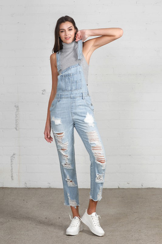 High Waist Heavy Distressed Straight Overalls - House of Binx 