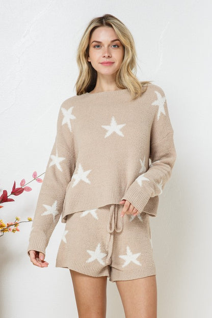 Soft Long Sleeve Star Print Top and Short Set - House of Binx 
