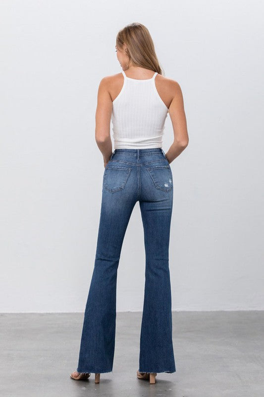 MID RISE DARK WASH FLARE JEANS - House of Binx 