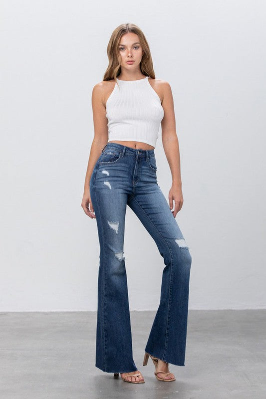 MID RISE DARK WASH FLARE JEANS - House of Binx 