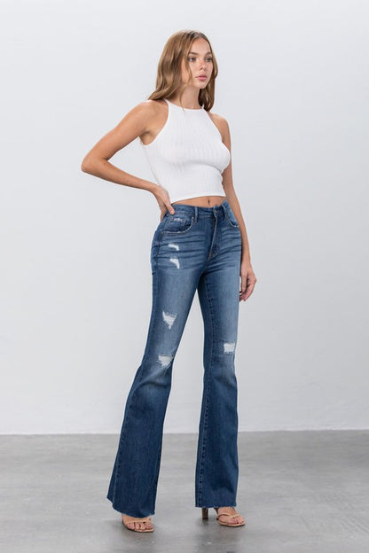 MID RISE DARK WASH FLARE JEANS - House of Binx 