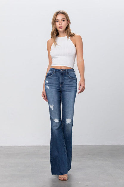 MID RISE DARK WASH FLARE JEANS - House of Binx 