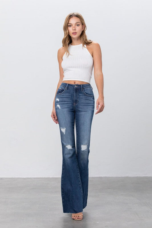 MID RISE DARK WASH FLARE JEANS - House of Binx 
