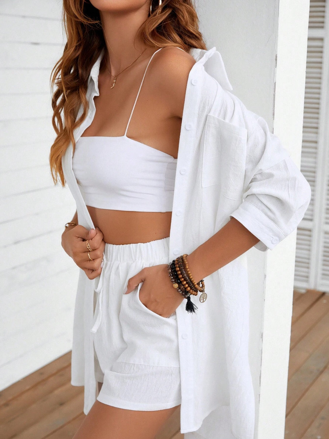 Dropped Shoulder Button Up Shirt and Shorts Set - House of Binx 