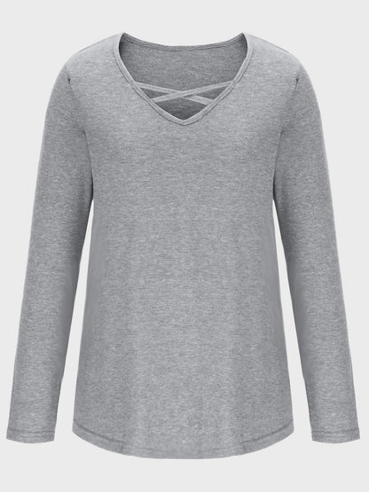 Crisscross V-Neck Long Sleeve T-Shirt